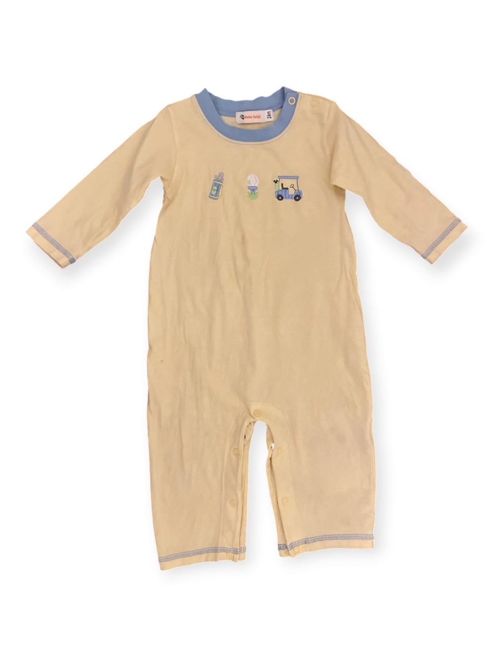 Yellow Long-Sleeve Baby Luigi Romper with Blue Trim and Golf Embroidery